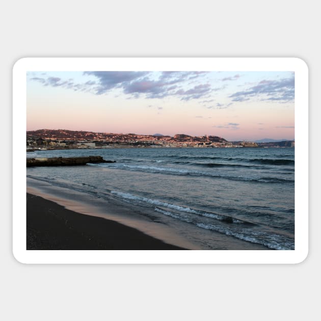 View to Pozzuoli from Lucrino Beach during sunset Sticker by Sandraartist